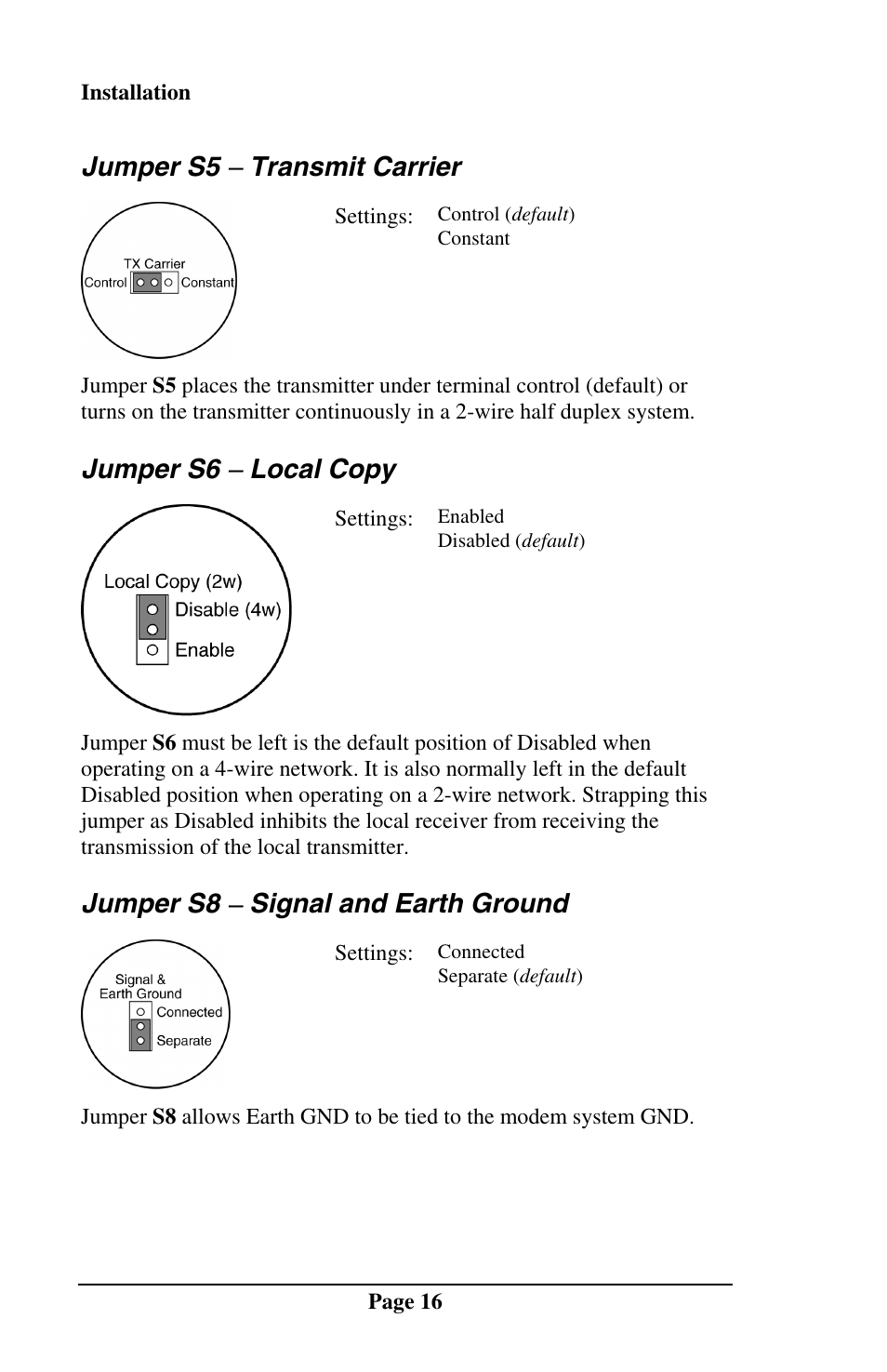 Jumper s5 − transmit carrier, Jumper s6 − local copy, Jumper s8 − signal and earth ground | Telenetics MOT202TSA User Manual | Page 15 / 33