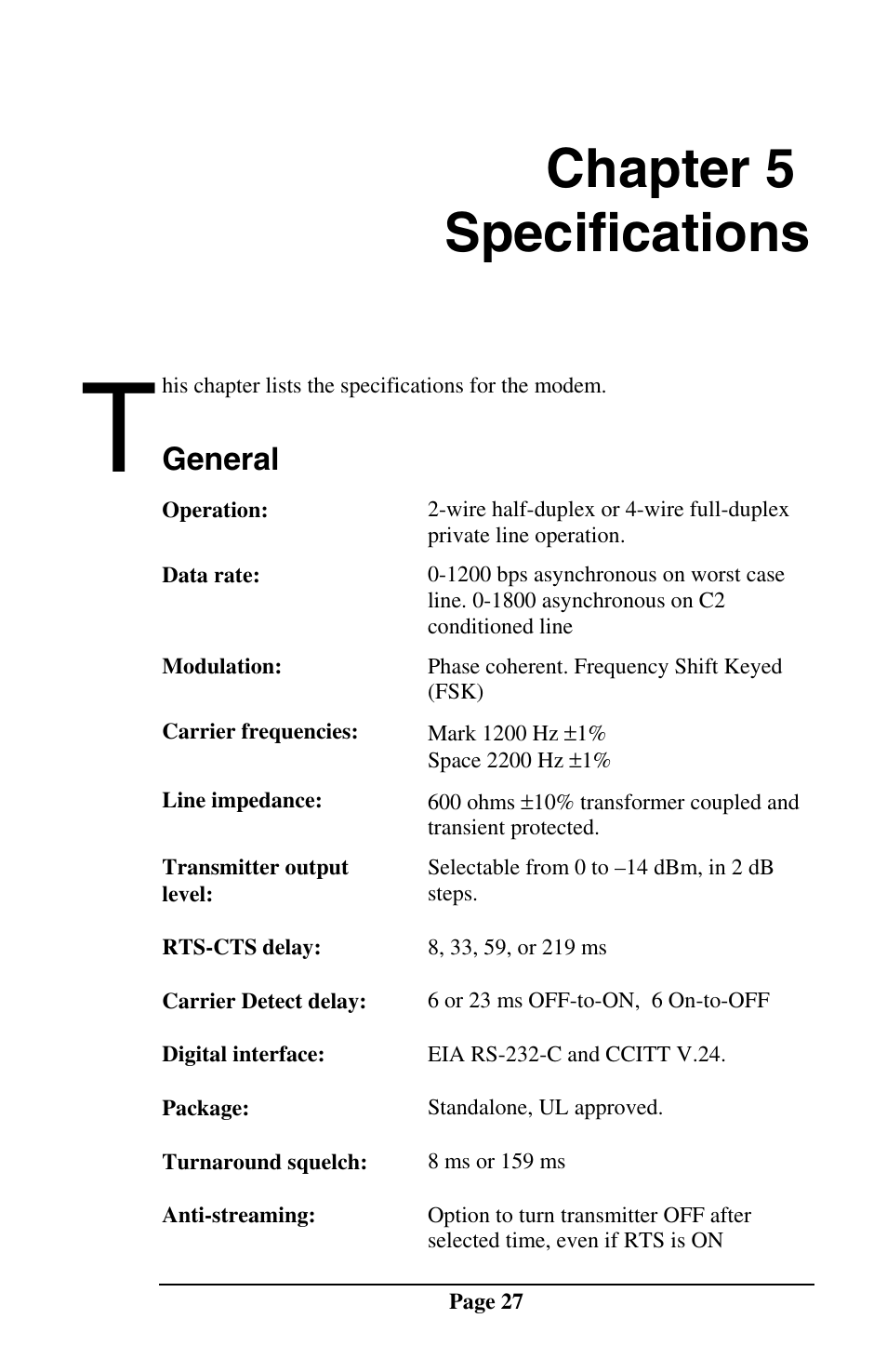 Chapter 5 specifications, General | Telenetics MOT202TSA User Manual | Page 26 / 33