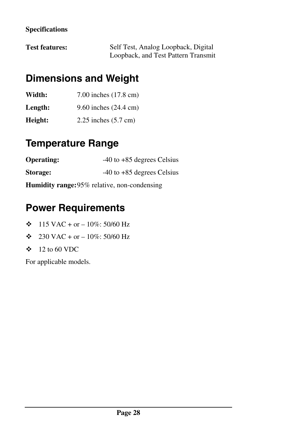 Dimensions and weight, Temperature range, Power requirements | Telenetics MOT202TSA User Manual | Page 27 / 33