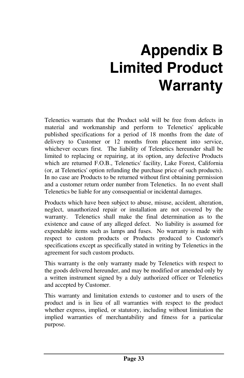 Appendix b limited product warranty | Telenetics MOT202TSA User Manual | Page 32 / 33