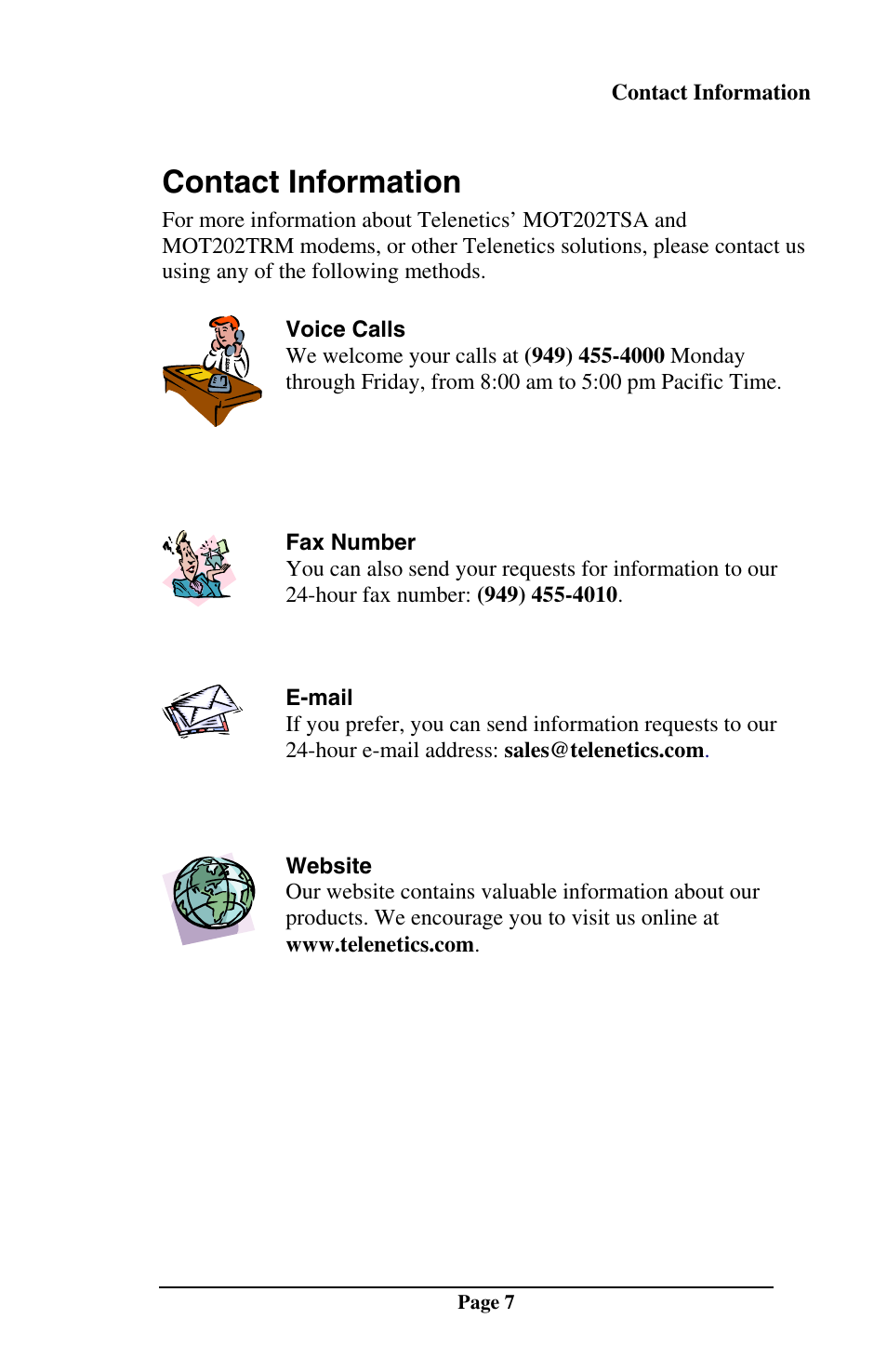 Contact information | Telenetics MOT202TSA User Manual | Page 6 / 33