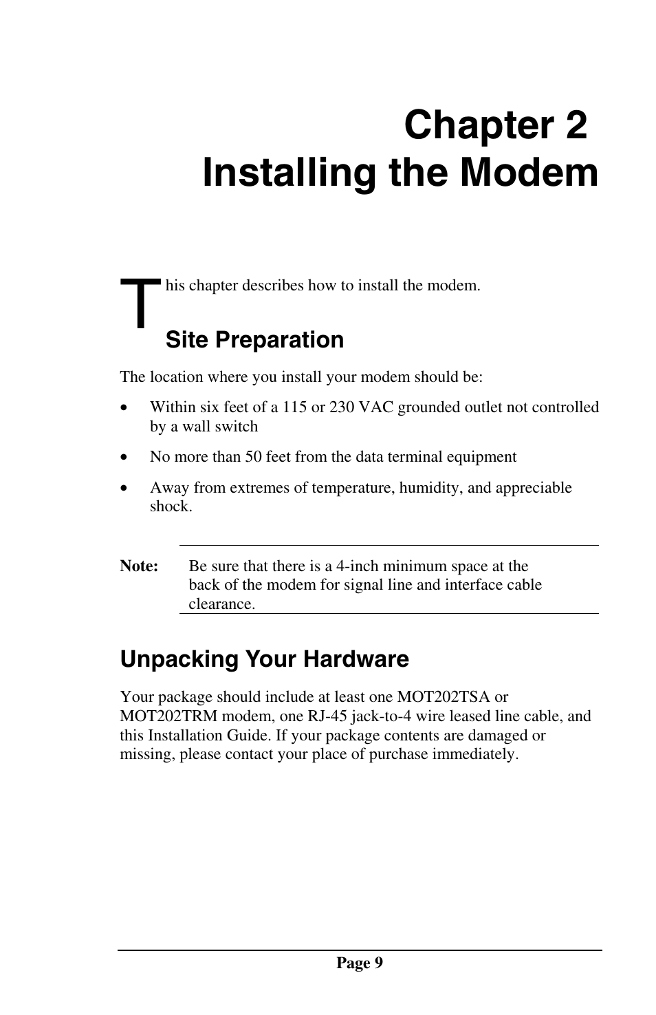 Chapter 2 installing the modem | Telenetics MOT202TSA User Manual | Page 8 / 33