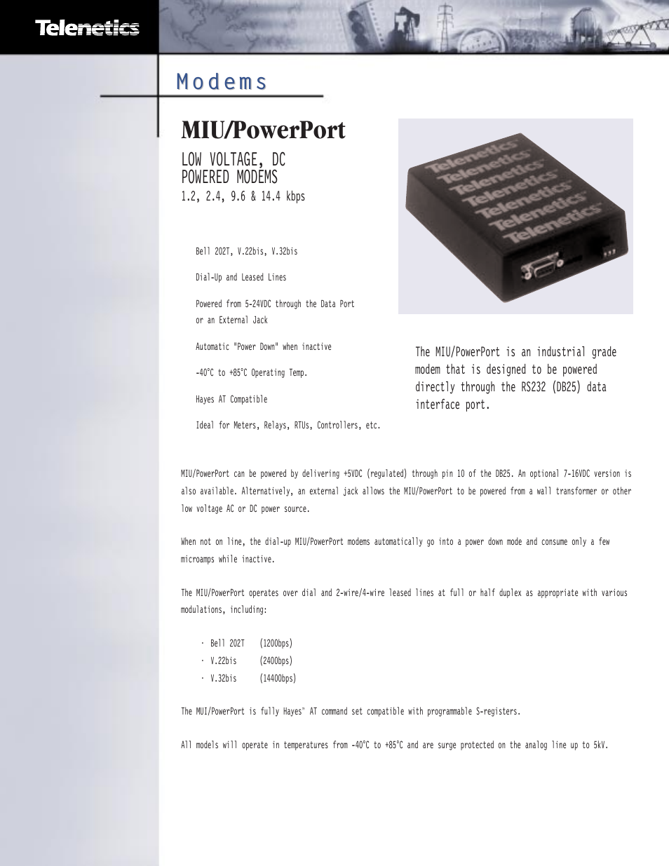 Telenetics MIU/PowerPort Series 9.6 User Manual | 2 pages