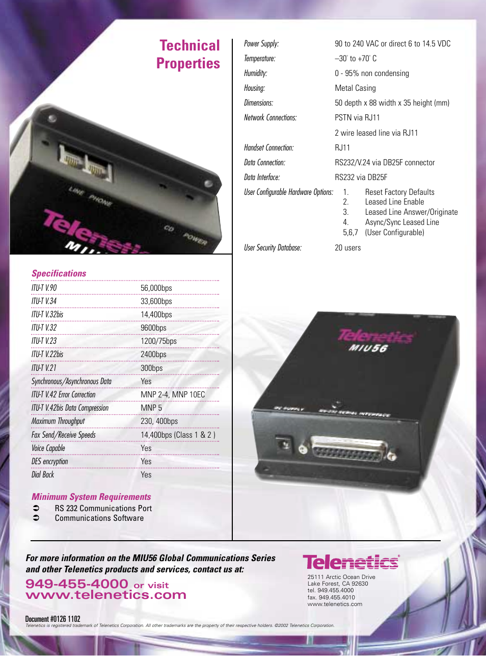 Technical properties | Telenetics MIU56 User Manual | Page 2 / 2