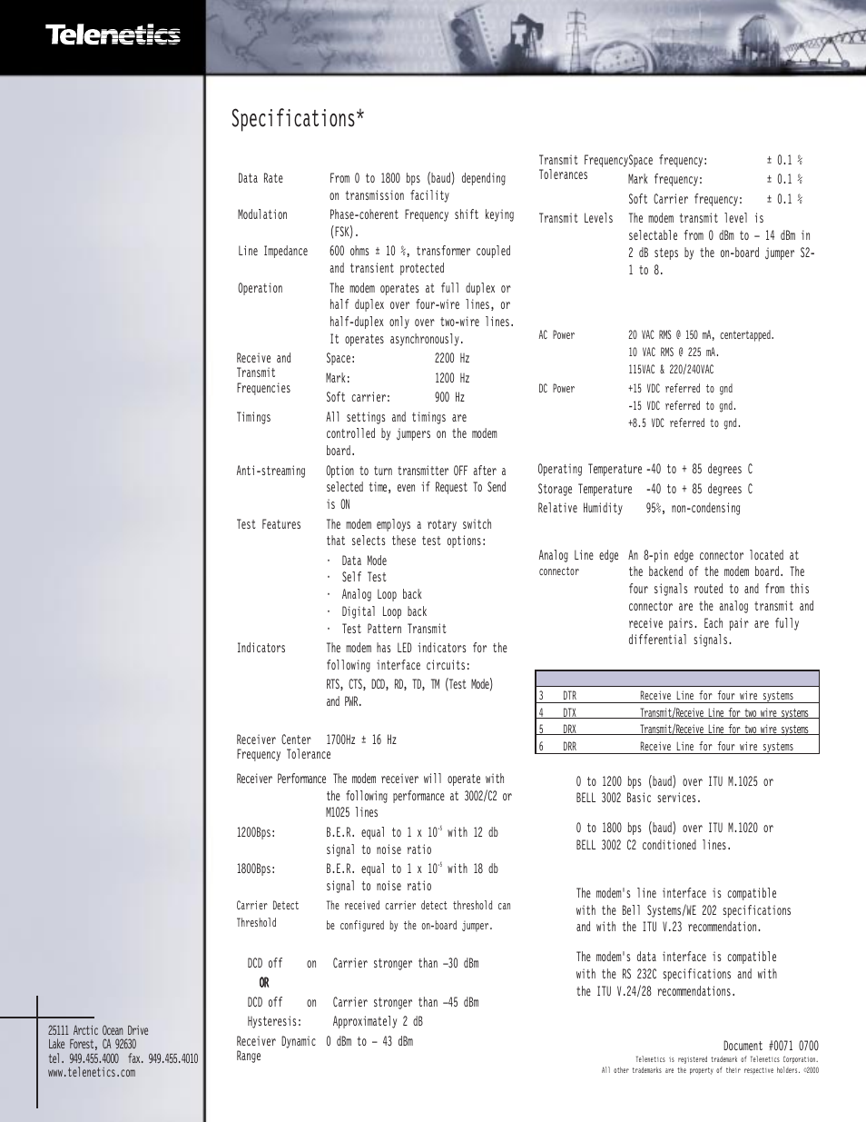 Specifications | Telenetics MOT202T User Manual | Page 2 / 3