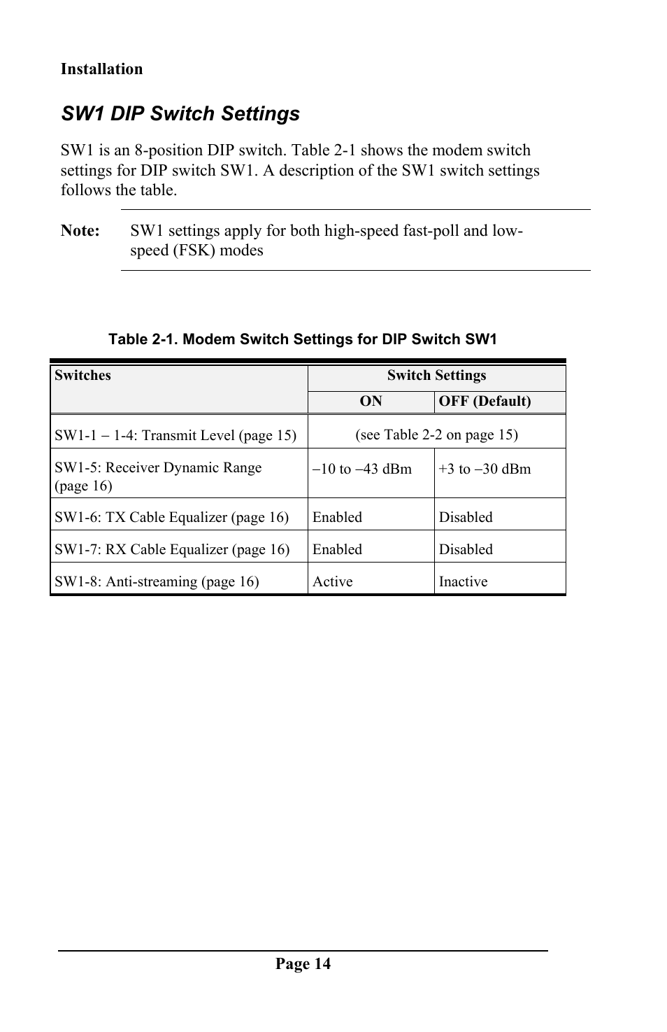 Sw1 dip switch settings | Telenetics DSP 9612 User Manual | Page 13 / 44