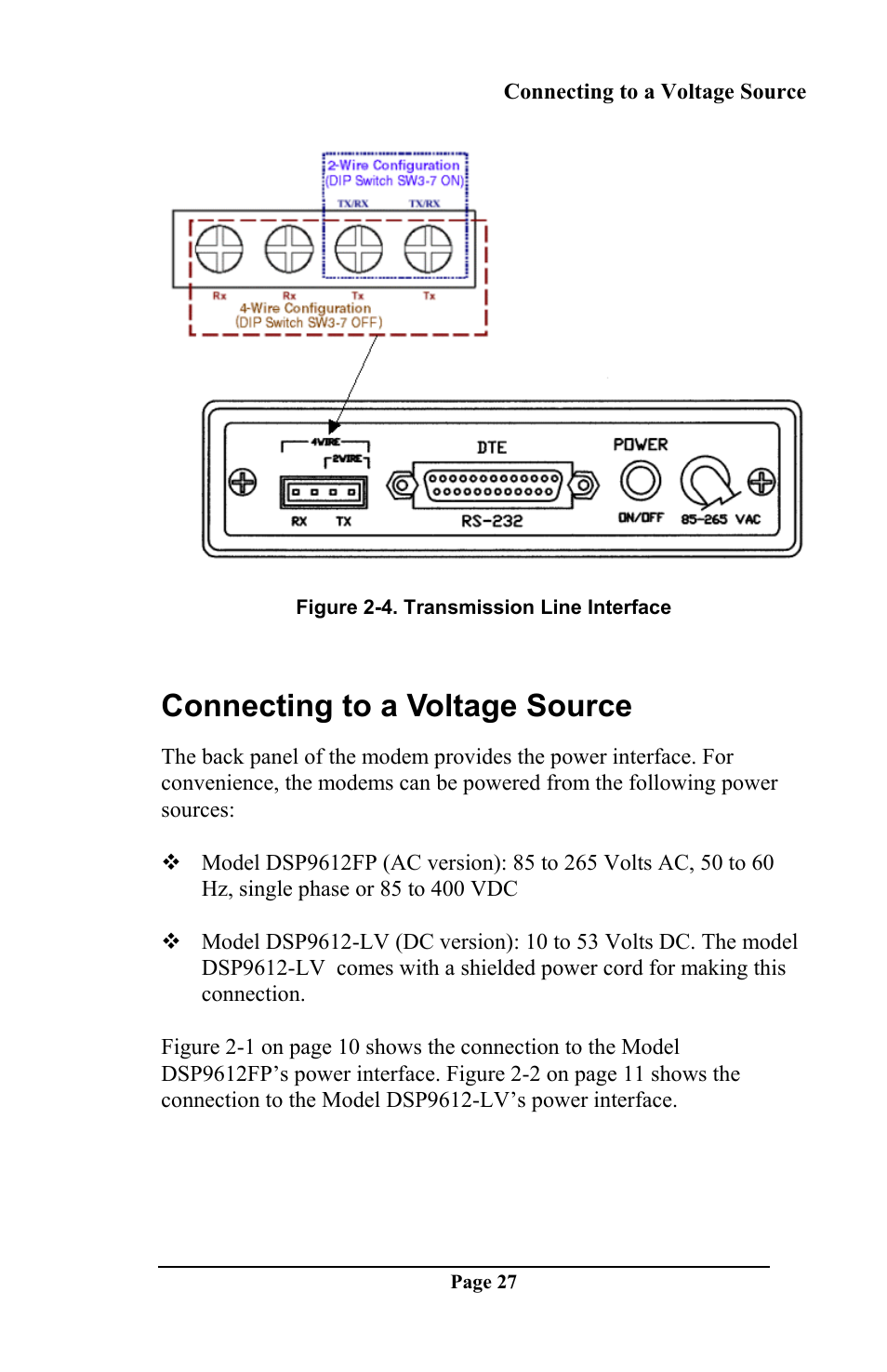Connecting to a voltage source | Telenetics DSP 9612 User Manual | Page 26 / 44
