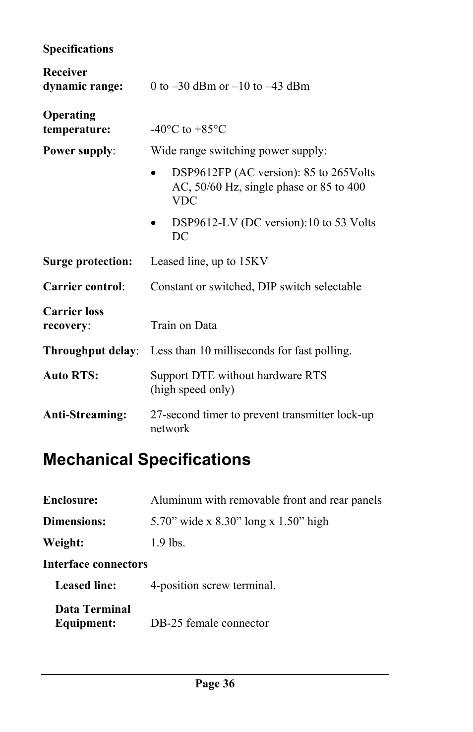 Mechanical specifications | Telenetics DSP 9612 User Manual | Page 35 / 44