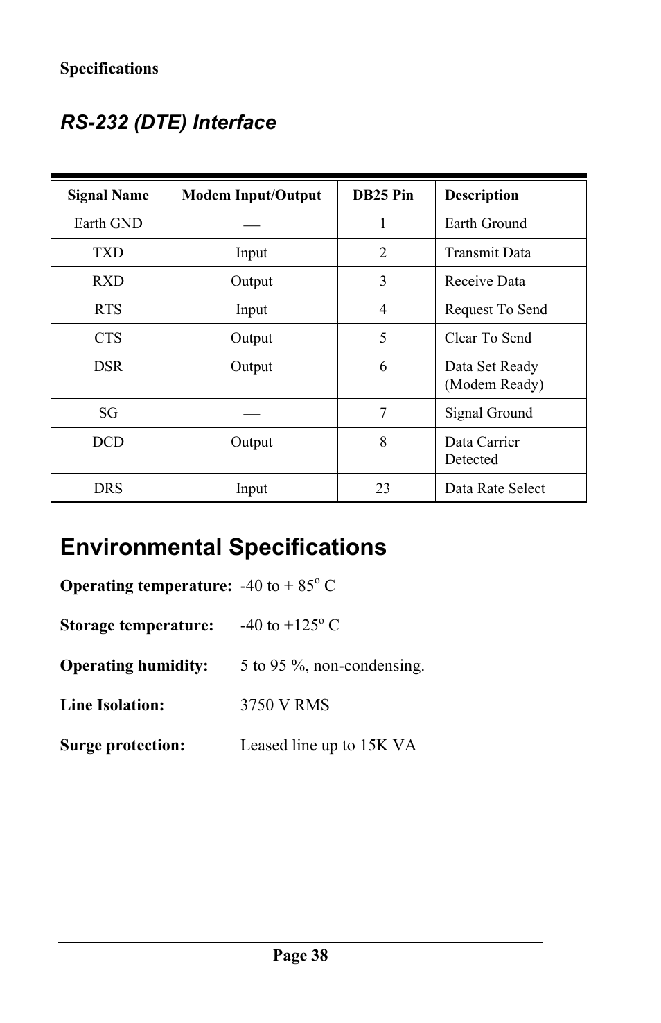 Environmental specifications, Rs-232 (dte) interface | Telenetics DSP 9612 User Manual | Page 37 / 44