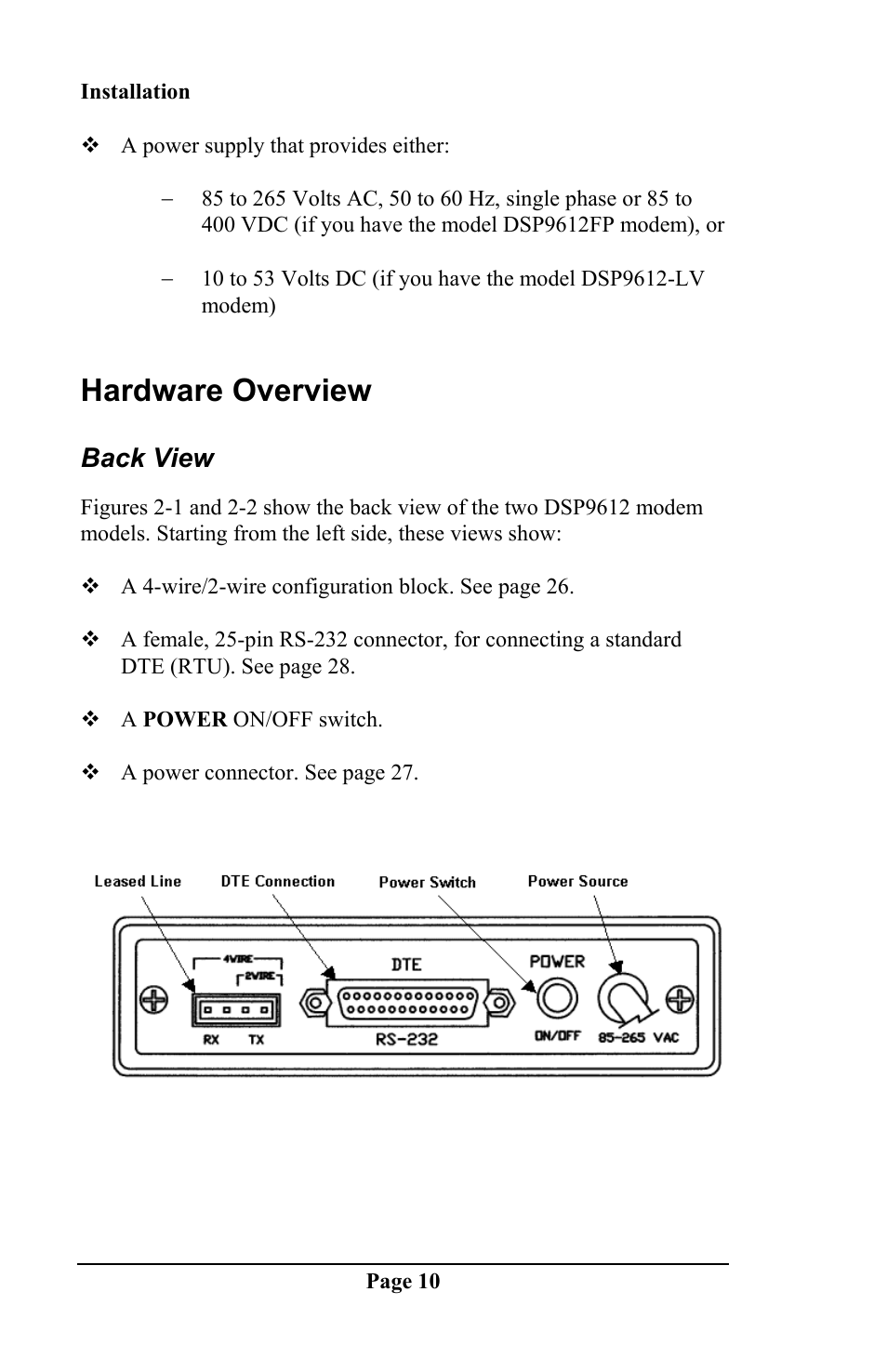 Hardware overview, Back view | Telenetics DSP 9612 User Manual | Page 9 / 44