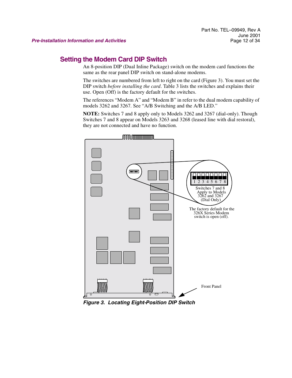 Setting the modem card dip switch | Telenetics Sunrise Series Modular Nest User Manual | Page 12 / 34