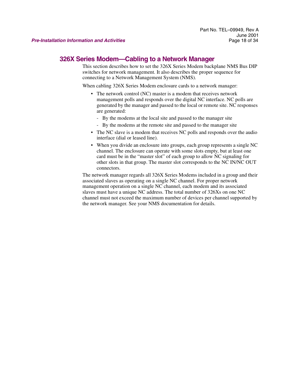 326x series modem—cabling to a network manager | Telenetics Sunrise Series Modular Nest User Manual | Page 18 / 34