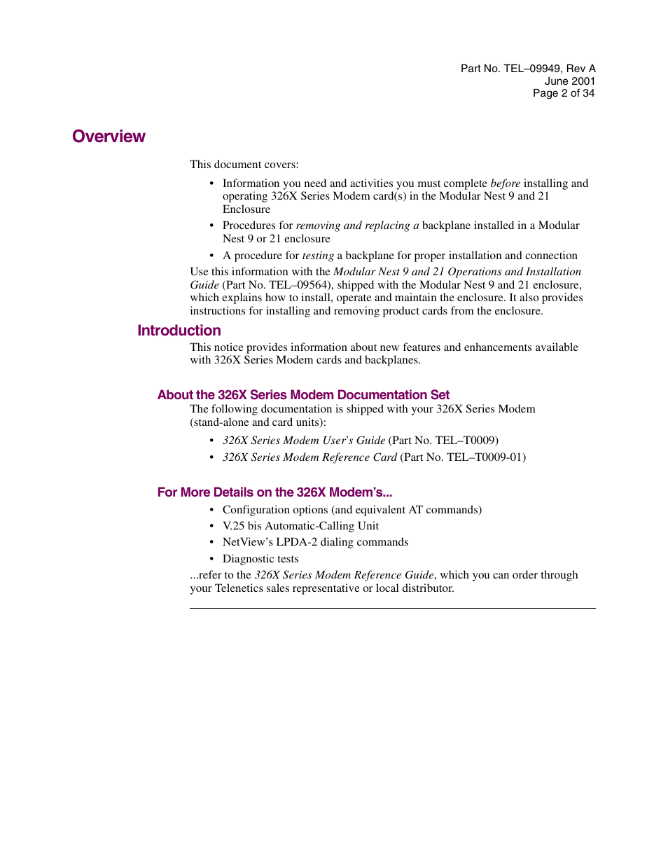 Introduction, About the 326x series modem documentation set, For more details on the 326x modem’s | Overview | Telenetics Sunrise Series Modular Nest User Manual | Page 2 / 34