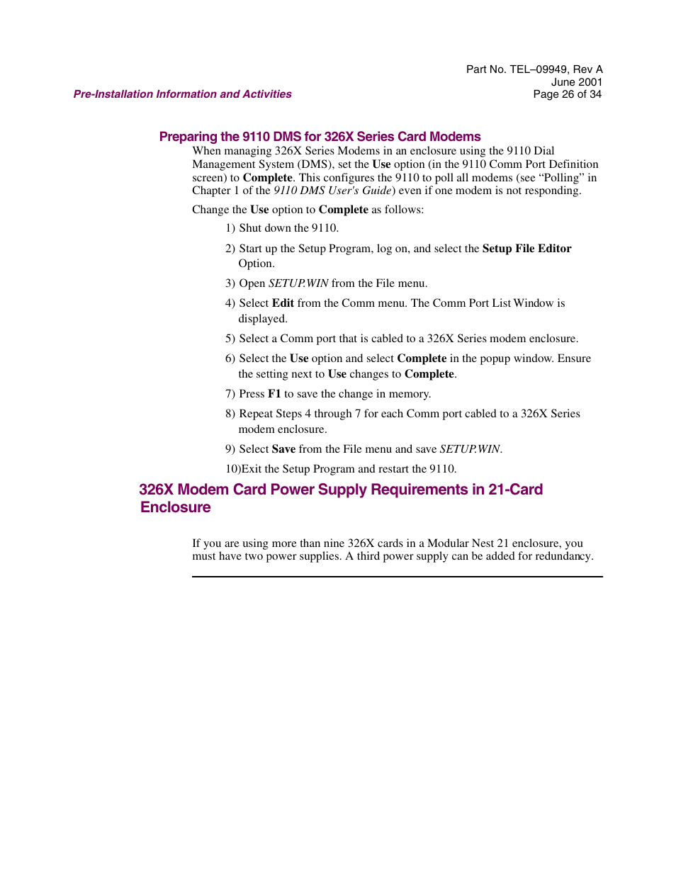 Preparing the 9110 dms for 326x series card modems | Telenetics Sunrise Series Modular Nest User Manual | Page 26 / 34