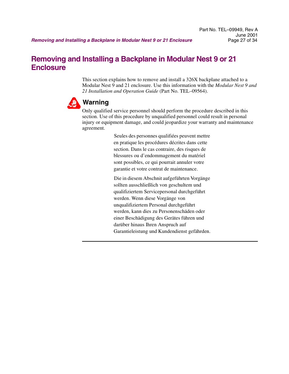 Warning | Telenetics Sunrise Series Modular Nest User Manual | Page 27 / 34