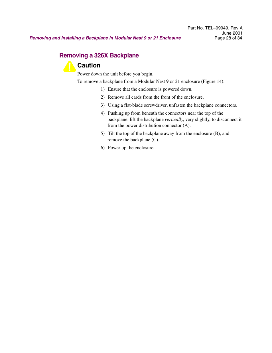 Removing a 326x backplane, Removing a 326x backplane caution | Telenetics Sunrise Series Modular Nest User Manual | Page 28 / 34