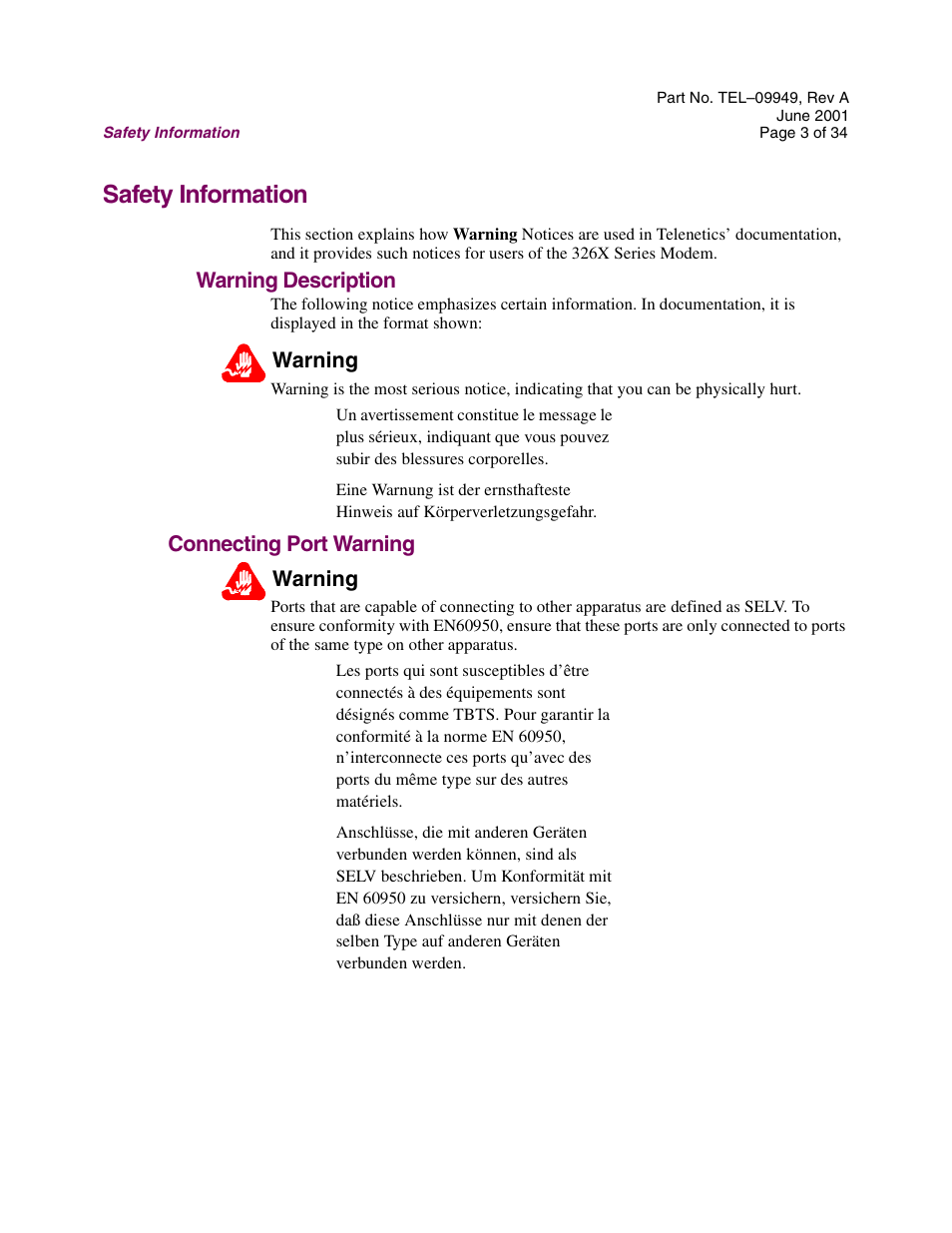 Safety information, Warning description, Connecting port warning | Telenetics Sunrise Series Modular Nest User Manual | Page 3 / 34