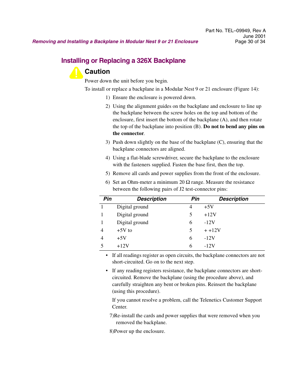 Installing or replacing a 326x backplane, Installing or replacing a 326x backplane caution | Telenetics Sunrise Series Modular Nest User Manual | Page 30 / 34
