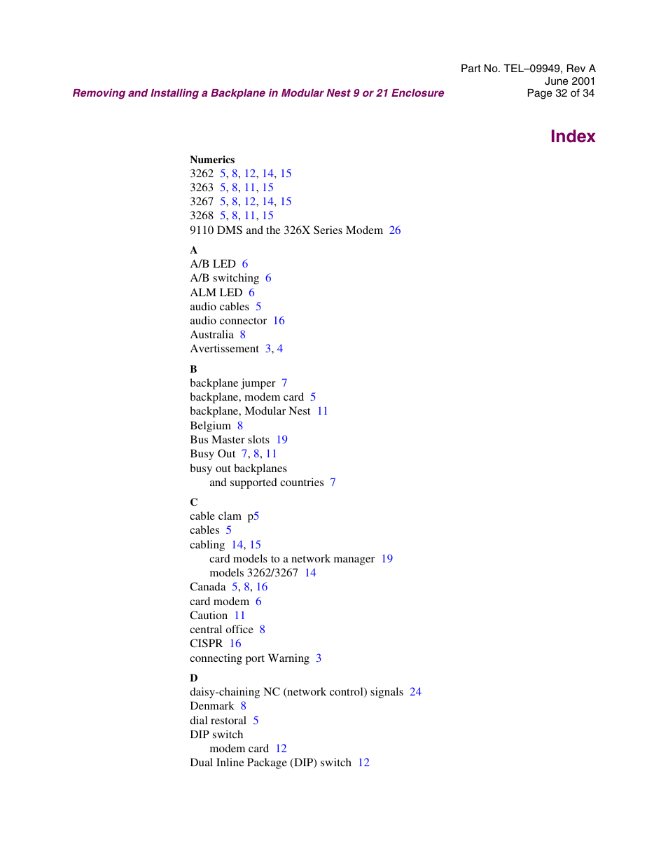 Index | Telenetics Sunrise Series Modular Nest User Manual | Page 32 / 34