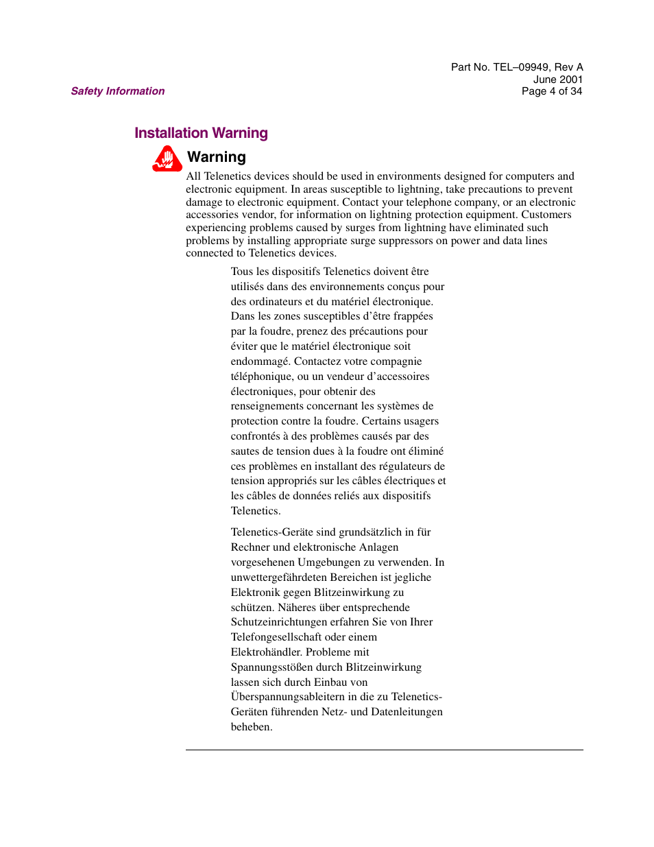 Installation warning, Installation warning warning | Telenetics Sunrise Series Modular Nest User Manual | Page 4 / 34