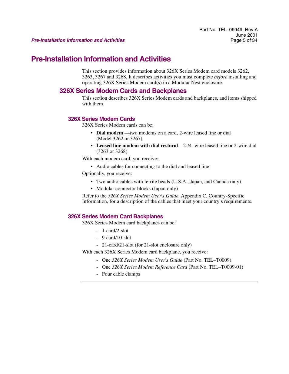 Pre-installation information and activities, 326x series modem cards and backplanes, 326x series modem cards | 326x series modem card backplanes | Telenetics Sunrise Series Modular Nest User Manual | Page 5 / 34