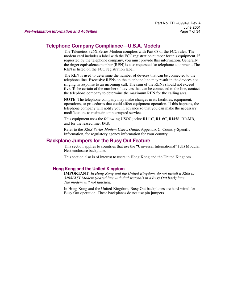 Telephone company compliance—u.s.a. models, Backplane jumpers for the busy out feature, Hong kong and the united kingdom | Telenetics Sunrise Series Modular Nest User Manual | Page 7 / 34