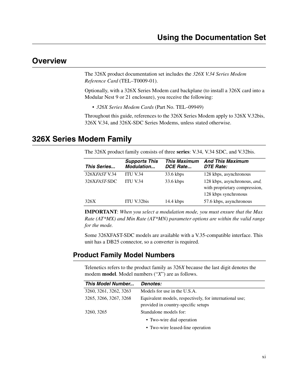 1head - overview, 1head - 326x series modem family, 2head - product family model numbers | Using the documentation set overview, 326x series modem family, Product family model numbers | Telenetics V.34-SDC User Manual | Page 11 / 233