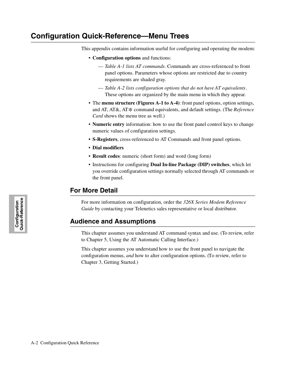 2head - for more detail, 2head - audience and assumptions, Configuration quick-reference—menu trees | For more detail, Audience and assumptions | Telenetics V.34-SDC User Manual | Page 118 / 233