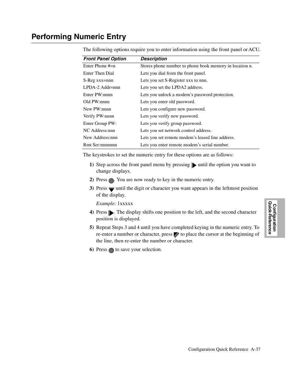 1head - performing numeric entry, Performing numeric entry, A-37 | Telenetics V.34-SDC User Manual | Page 153 / 233