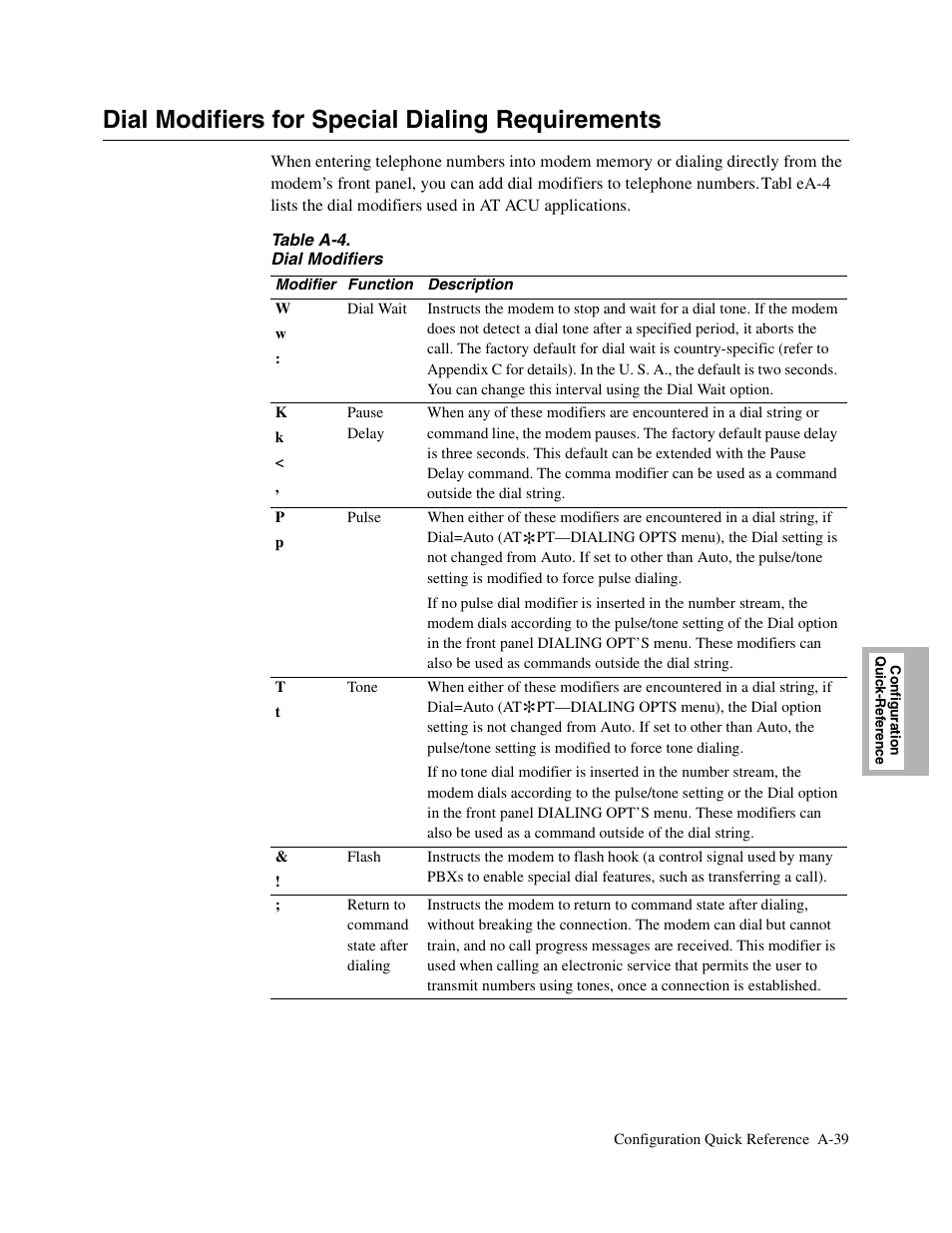 Dial modifiers for special dialing requirements, A-39 | Telenetics V.34-SDC User Manual | Page 155 / 233