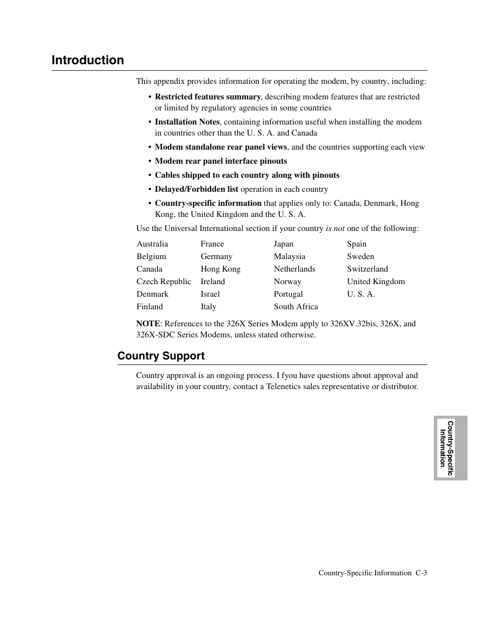 1tophead - introduction, 2head - country support, Introduction | Country support | Telenetics V.34-SDC User Manual | Page 177 / 233