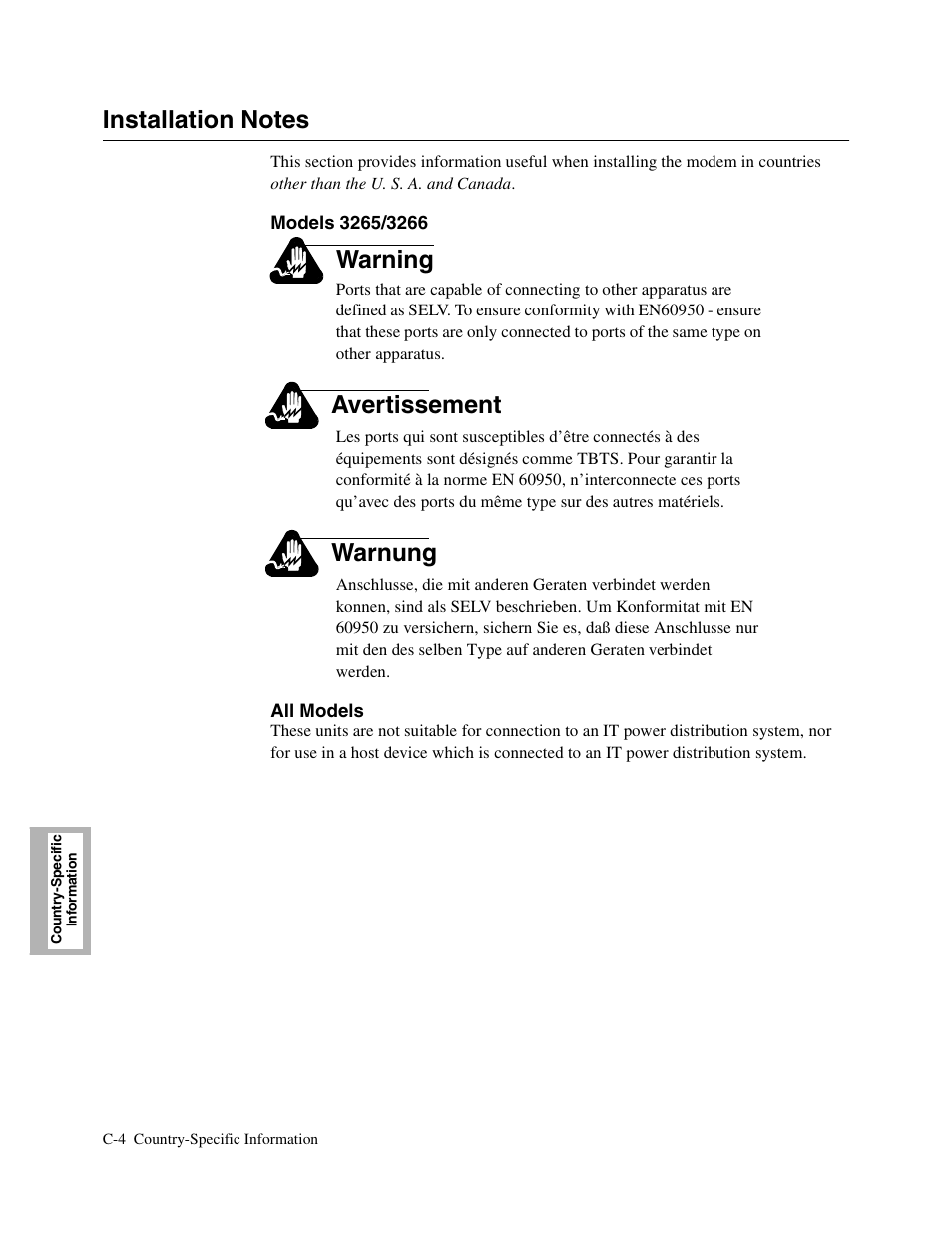 1head - installation notes, Installation notes, Warning | Avertissement, Warnung | Telenetics V.34-SDC User Manual | Page 178 / 233