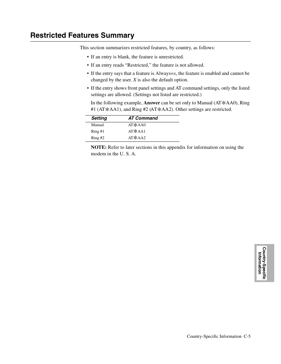 1head - restricted features summary, Restricted features summary | Telenetics V.34-SDC User Manual | Page 179 / 233