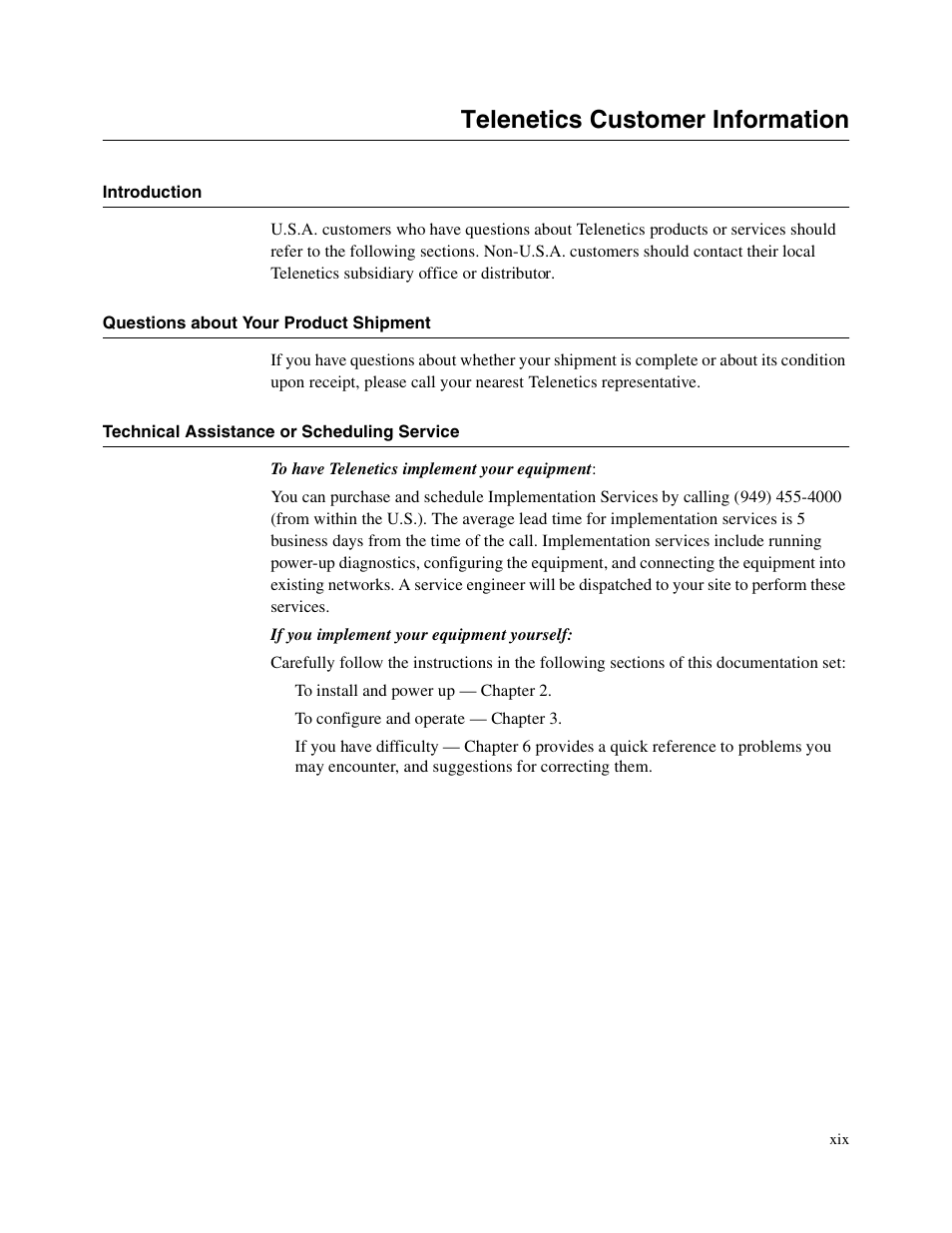 1tophead - introduction, 1head - questions about your product shipment, 1head - technical assistance or scheduling service | Telenetics customer information | Telenetics V.34-SDC User Manual | Page 19 / 233