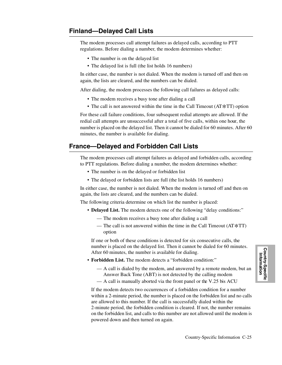 2head - finland—delayed call lists, 2head - france—delayed and forbidden call lists, Finland—delayed call lists | C-25, France—delayed and forbidden call lists | Telenetics V.34-SDC User Manual | Page 199 / 233