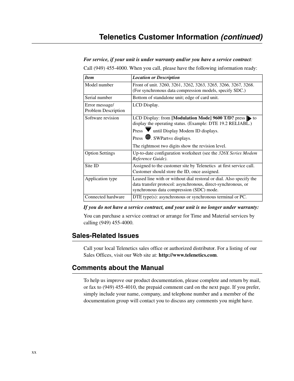 2head - sales-related issues, 2head - comments about the manual, Continued) | Telenetics customer information, Sales-related issues, Comments about the manual | Telenetics V.34-SDC User Manual | Page 20 / 233