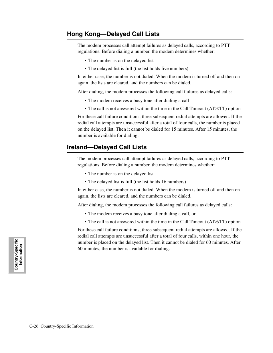 2head - hong kong—delayed call lists, 2head - ireland—delayed call lists, Hong kong—delayed call lists | C-26, Ireland—delayed call lists | Telenetics V.34-SDC User Manual | Page 200 / 233