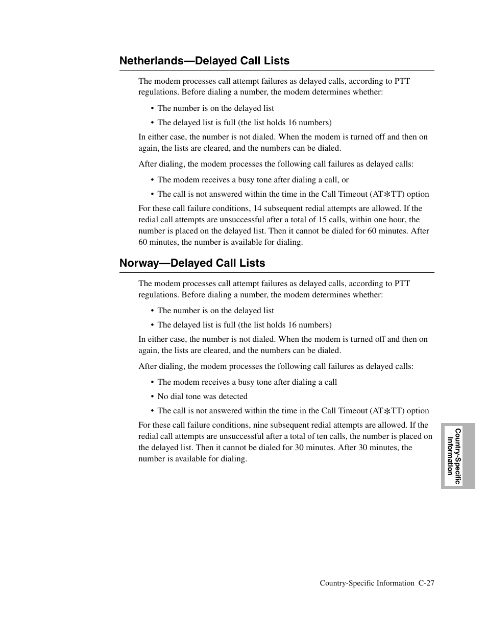 2head - netherlands—delayed call lists, 2head - norway—delayed call lists, Netherlands—delayed call lists | C-27, Norway—delayed call lists | Telenetics V.34-SDC User Manual | Page 201 / 233