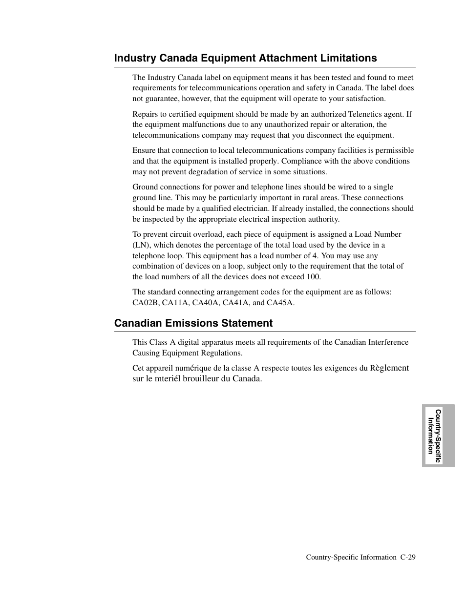 2head - canadian emissions statement, Industry canada equipment attachment limitations, C-29 | Canadian emissions statement | Telenetics V.34-SDC User Manual | Page 203 / 233