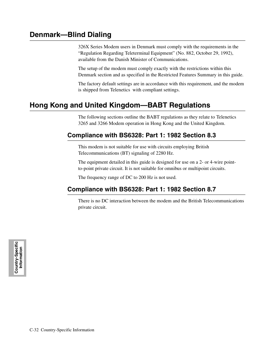 1head - denmark—blind dialing, Denmark—blind dialing, C-32 | Hong kong and united kingdom—babt regulations, Compliance with bs6328: part 1: 1982 section 8.3, Compliance with bs6328: part 1: 1982 section 8.7 | Telenetics V.34-SDC User Manual | Page 206 / 233