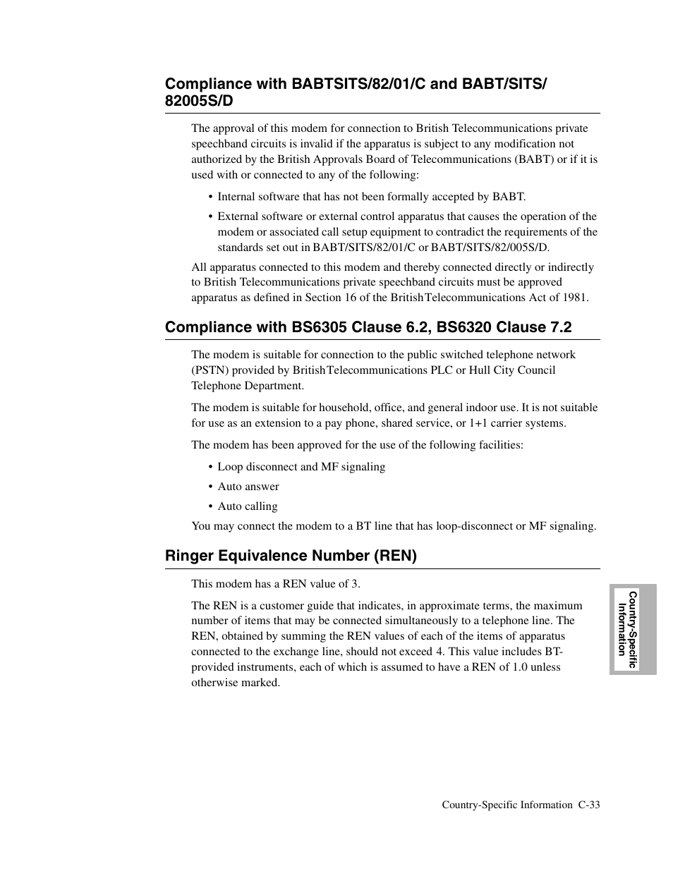 2head - ringer equivalence number (ren), C-33, Ringer equivalence number (ren) | Telenetics V.34-SDC User Manual | Page 207 / 233