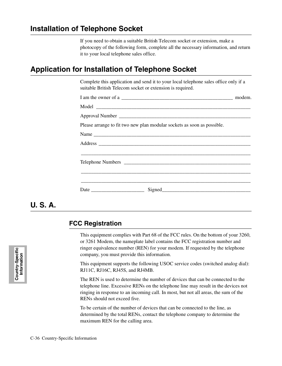 1head - installation of telephone socket, 1head - u. s. a, 2head - fcc registration | Installation of telephone socket, C-36, Application for installation of telephone socket, U. s. a, Fcc registration | Telenetics V.34-SDC User Manual | Page 210 / 233