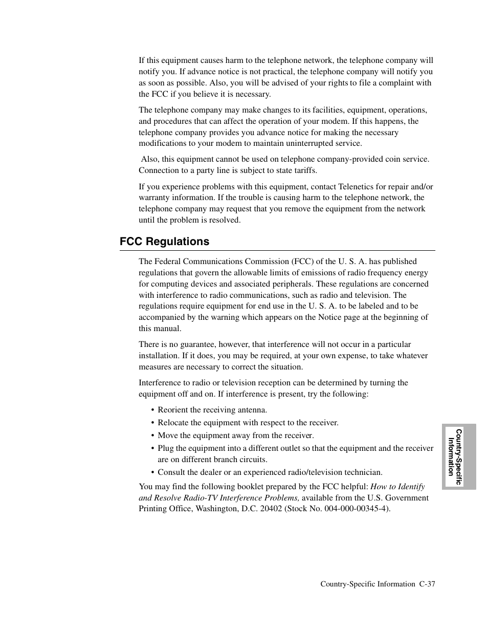 2head - fcc regulations, Fcc regulations, C-37 | Telenetics V.34-SDC User Manual | Page 211 / 233
