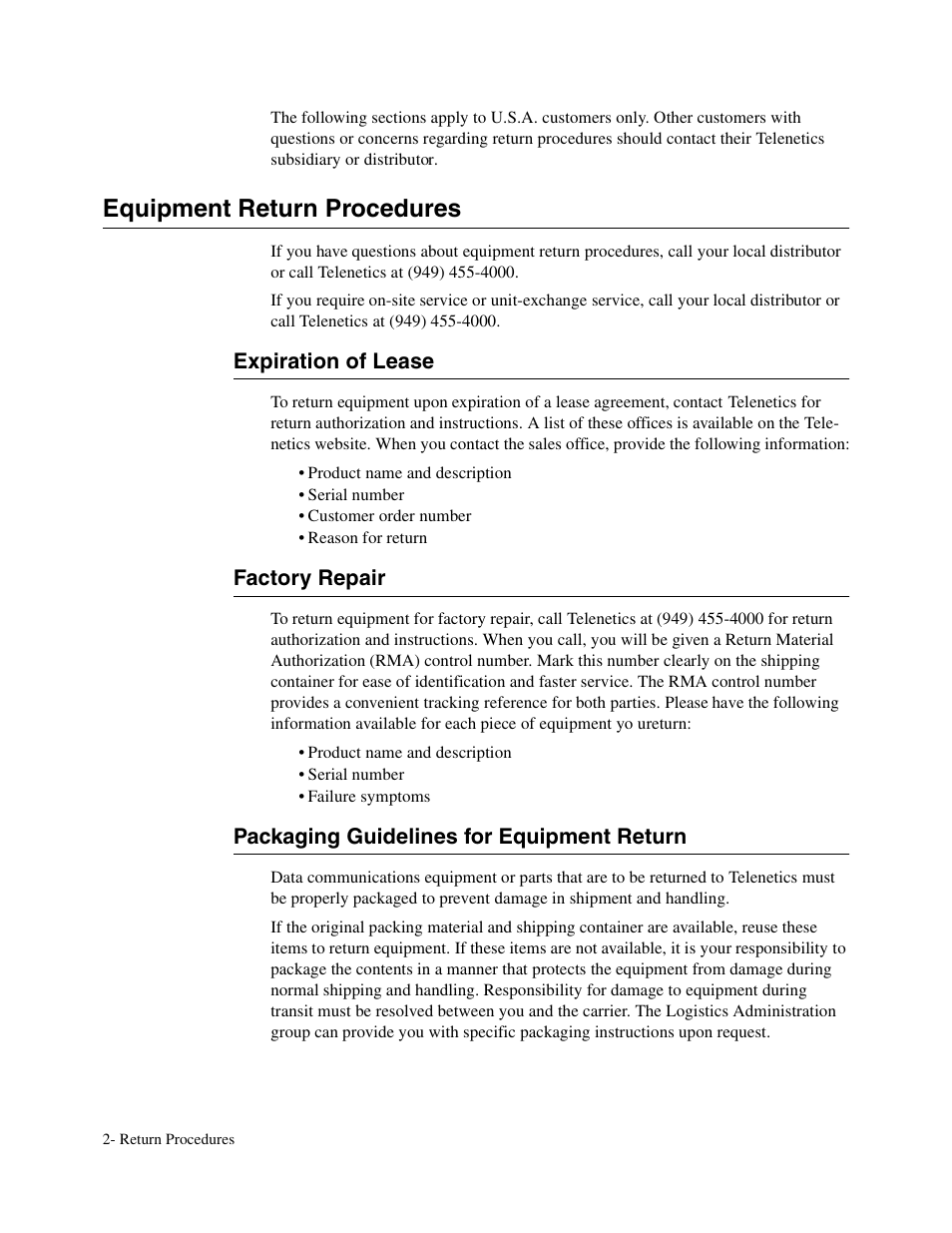 1head - equipment return procedures, 2head - expiration of lease, 2head - factory repair | 2head - packaging guidelines for equipment return, Equipment return procedures, Ret-2, Expiration of lease, Factory repair, Packaging guidelines for equipment return | Telenetics V.34-SDC User Manual | Page 228 / 233