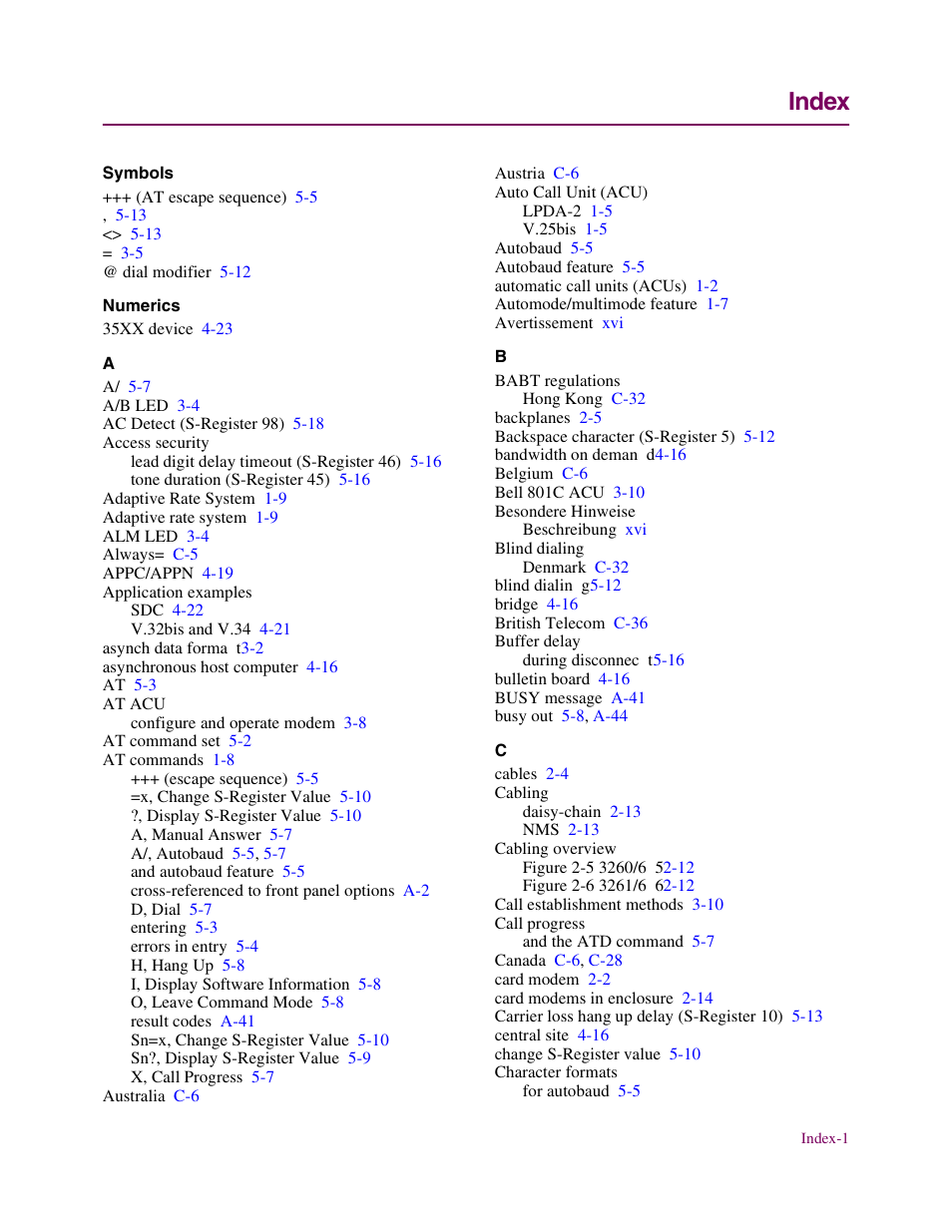 Index | Telenetics V.34-SDC User Manual | Page 229 / 233