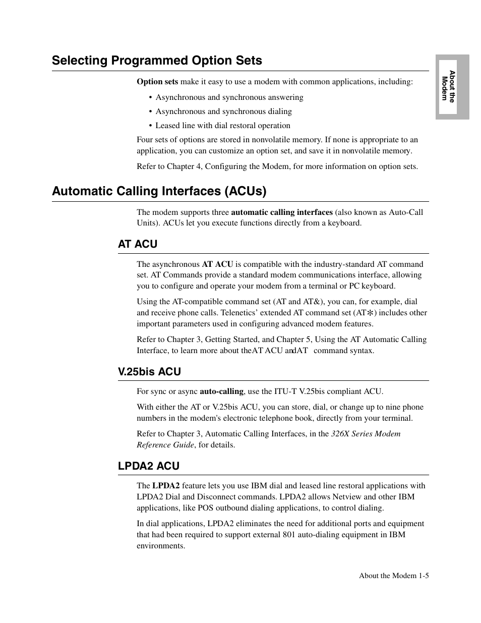 1head - selecting programmed option sets, 1head - automatic calling interfaces (acus), 2head - at acu | 2head - v.25bis acu, 2head - lpda2 acu, Selecting programmed option sets, Automatic calling interfaces (acus), At acu, V.25bis acu, Lpda2 acu | Telenetics V.34-SDC User Manual | Page 25 / 233