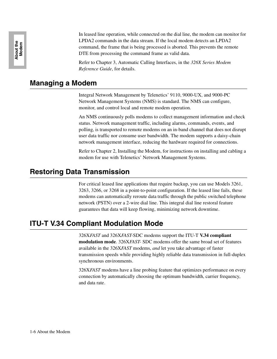 1head - managing a modem, 1head - restoring data transmission, 1head - itu-t v.34 compliant modulation mode | Managing a modem, Restoring data transmission, Itu-t v.34 compliant modulation mode | Telenetics V.34-SDC User Manual | Page 26 / 233