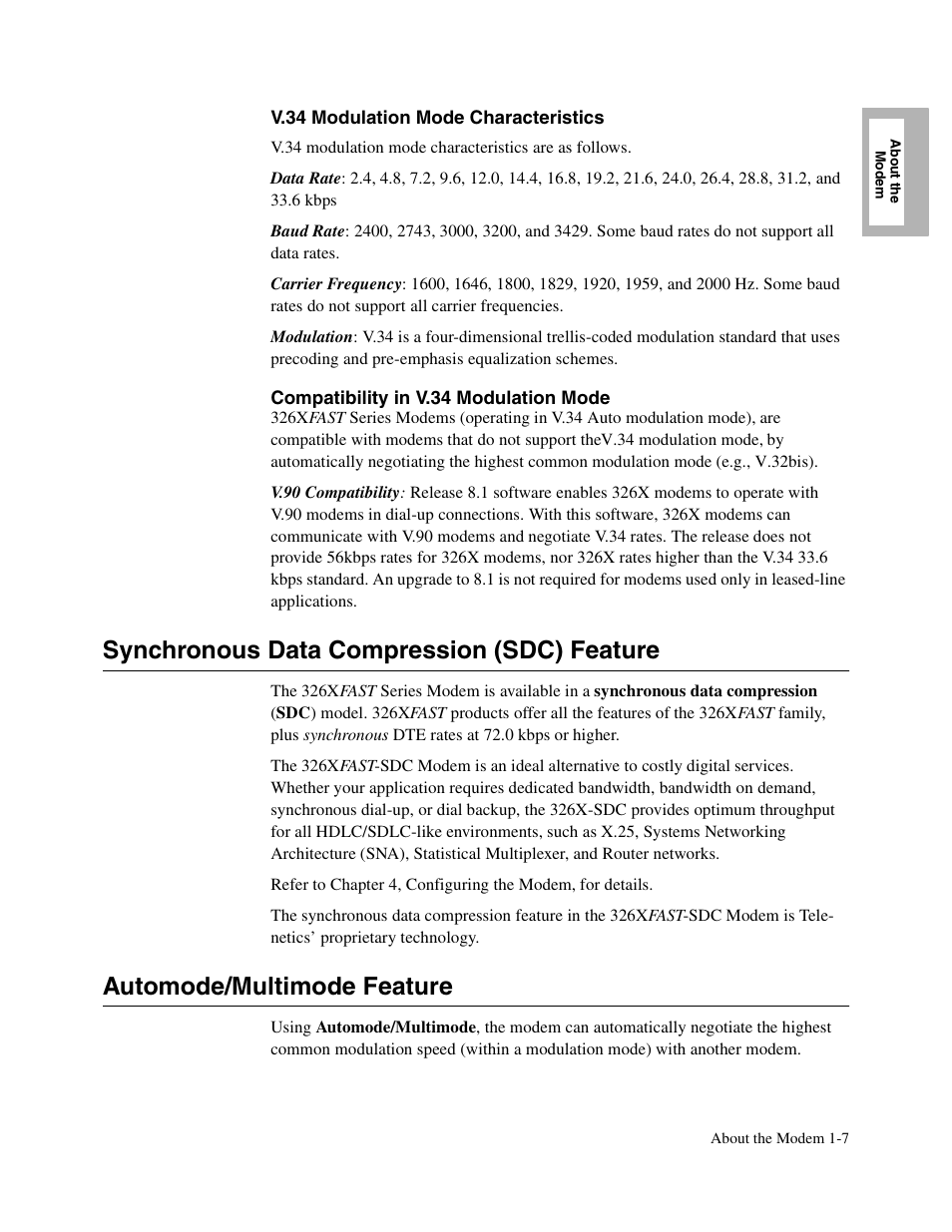 1head - synchronous data compression (sdc) feature, 1head - automode/multimode feature, Synchronous data compression (sdc) feature | Automode/multimode feature | Telenetics V.34-SDC User Manual | Page 27 / 233