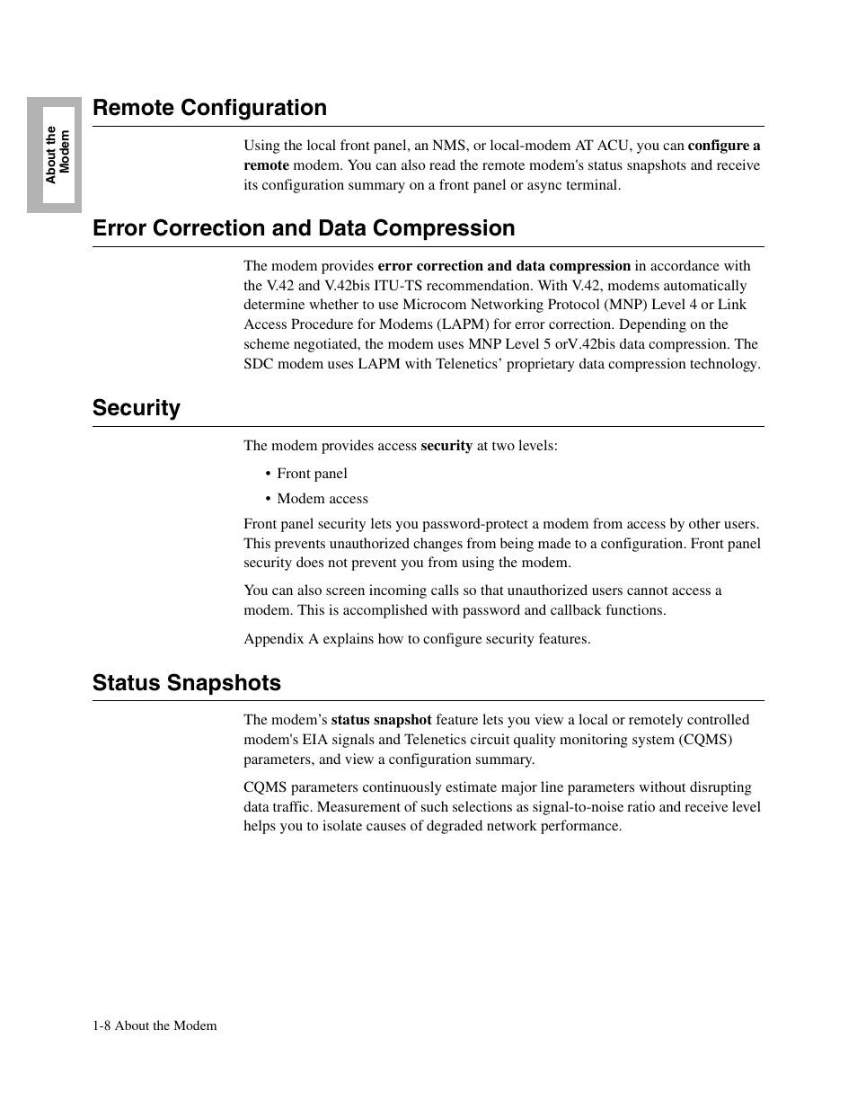 1head - remote configuration, 1head - error correction and data compression, 1head - security | 1head - status snapshots, Remote configuration, Error correction and data compression, Security, Status snapshots | Telenetics V.34-SDC User Manual | Page 28 / 233