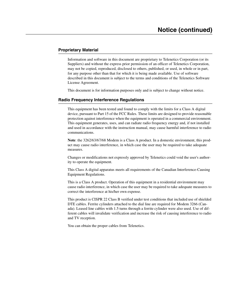 2head - proprietary material, 2head - radio frequency interference regulations, Notice (continued) | Telenetics V.34-SDC User Manual | Page 3 / 233